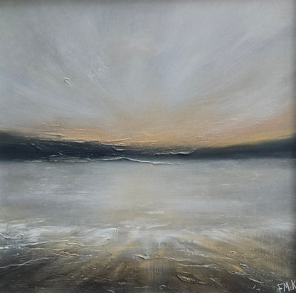 Abstract sunset painting with a gradient of gray, black, and beige tones.