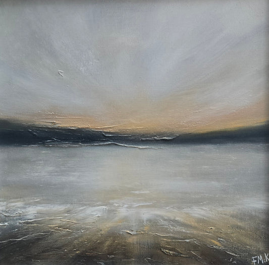 Abstract sunset painting with a gradient of gray, black, and beige tones.