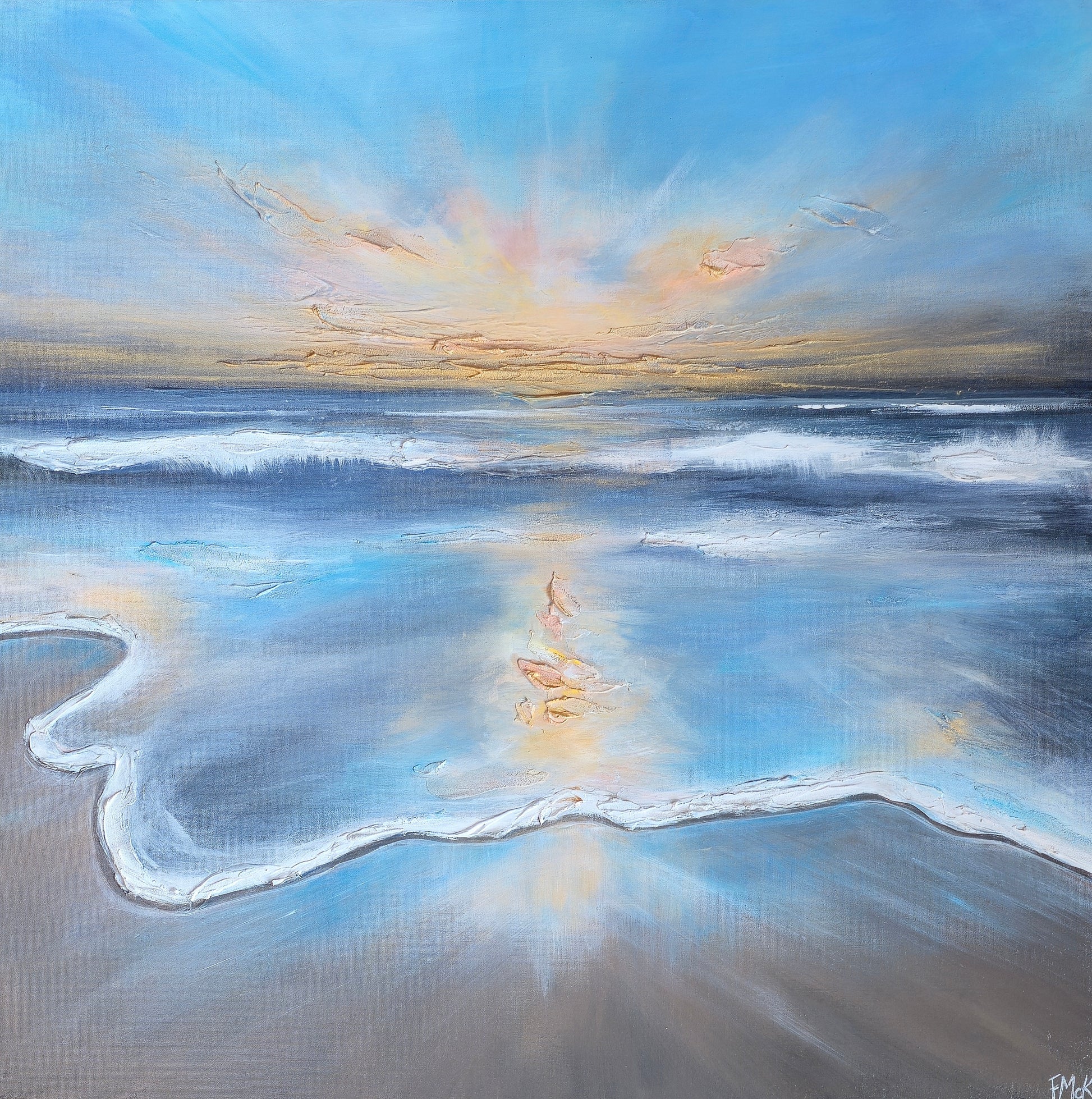 Painting of a beach scene with a sunset over the ocean.