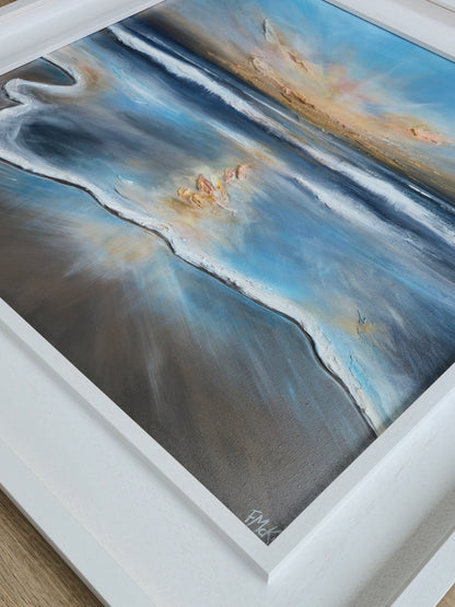 Abstract painting with blue, brown, and beige colors in a white frame.