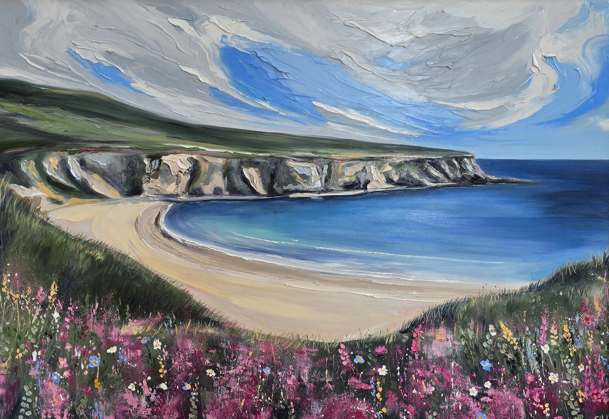 Painting of a coastal landscape with cliffs, beach, and flowers.