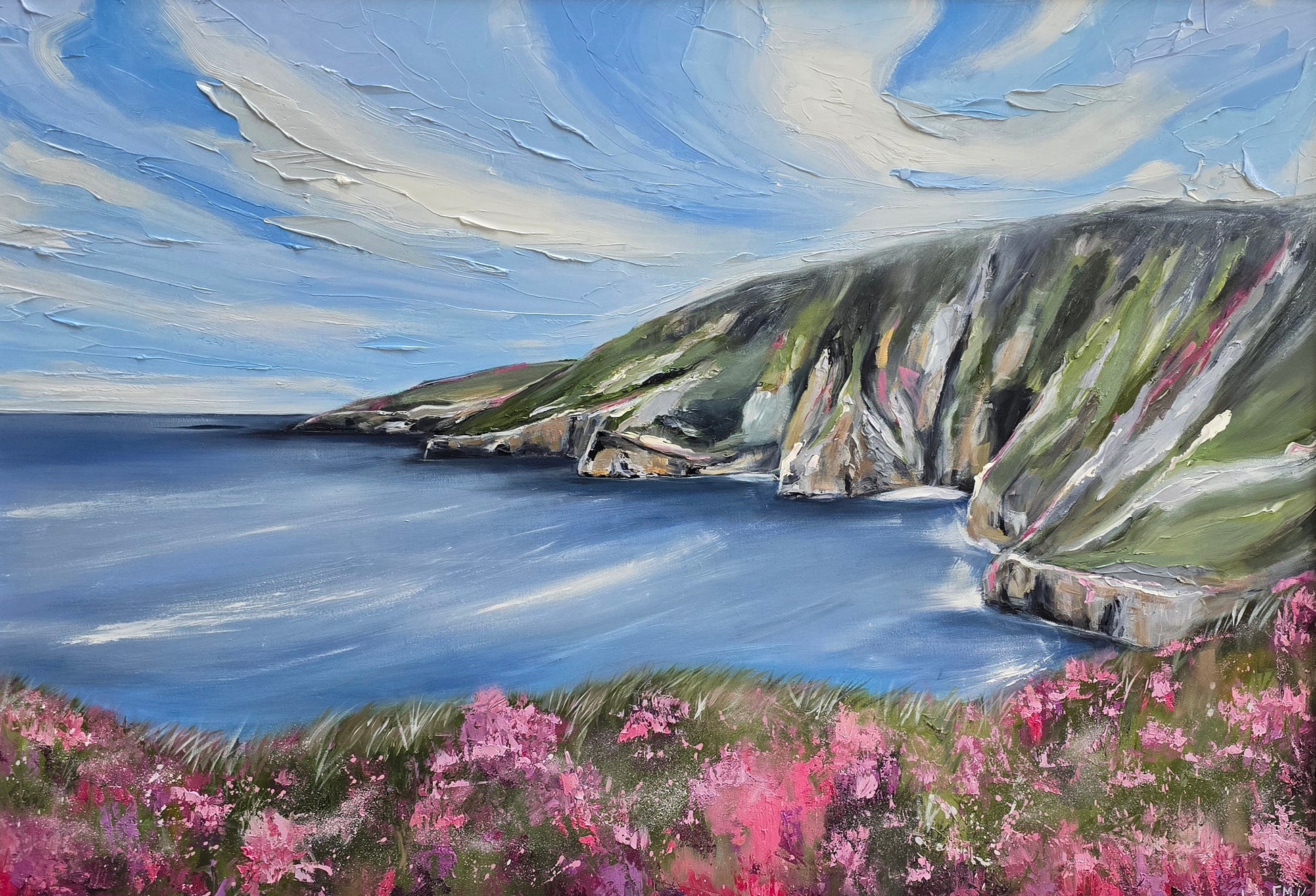 Painting of a coastal landscape with cliffs, sea, and pink flowers.