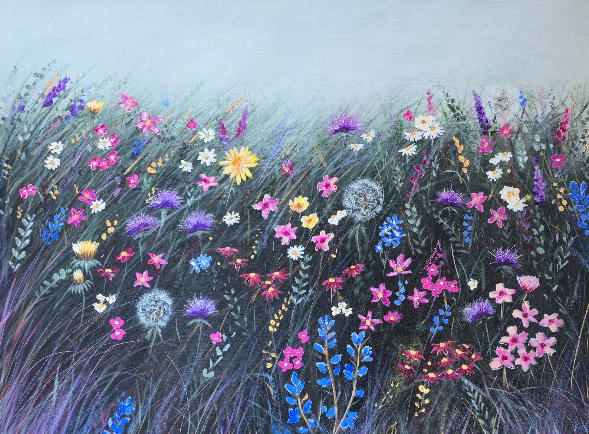 Painting of a field of colourful flowers