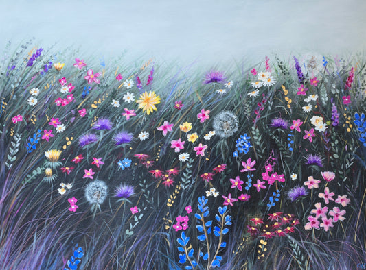 Painting of a field of colourful flowers