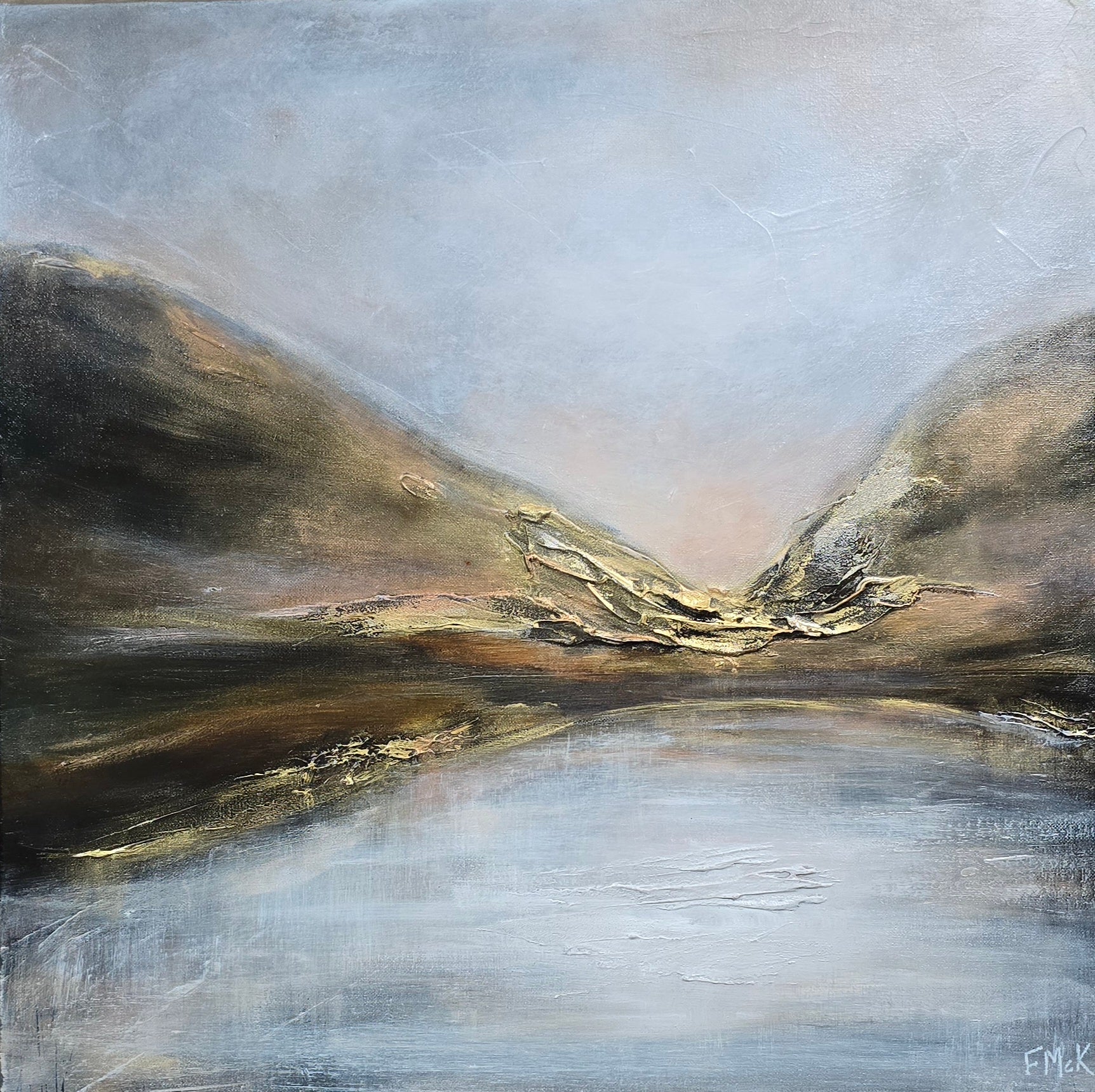 Abstract landscape painting with mountains and a river