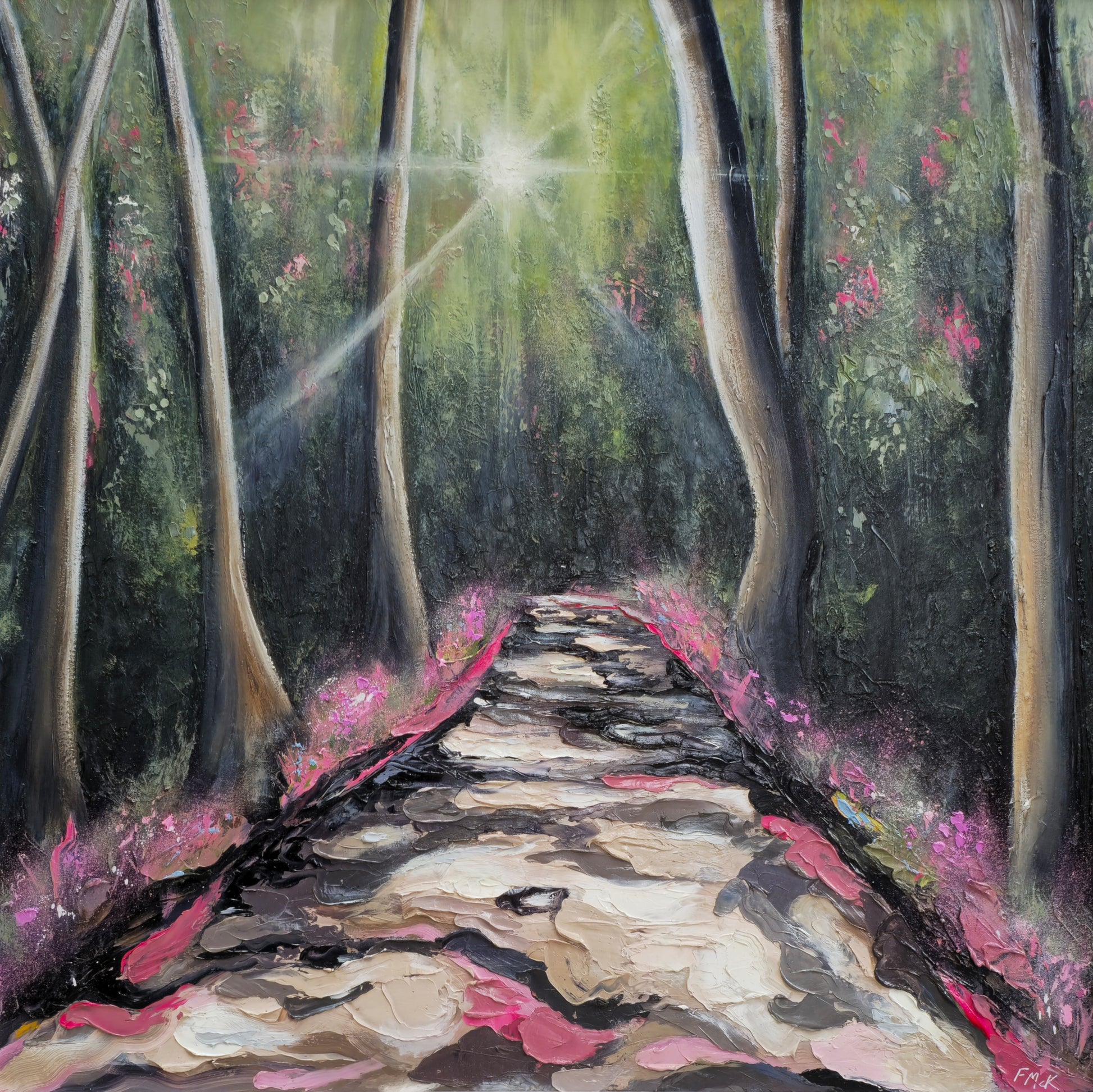 Painting of a forest path with sunlight filtering through the trees