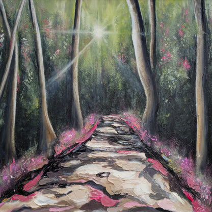Painting of a forest path with sunlight filtering through the trees
