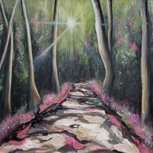 Painting of a forest path with sunlight filtering through the trees