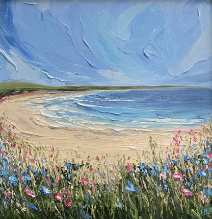 Painting of a beach scene with wildflowers and a blue sky.