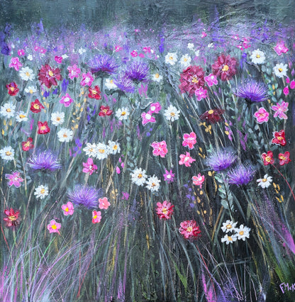 Painting of a field of colorful flowers including purple, pink, and white blossoms.