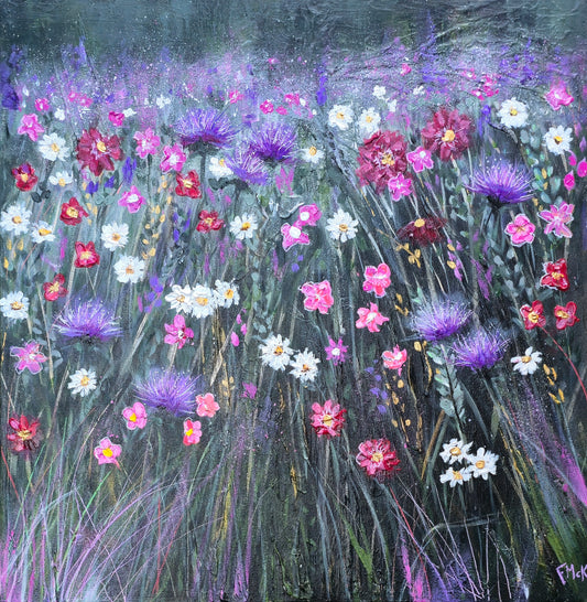 Painting of a field of colorful flowers including purple, pink, and white blossoms.