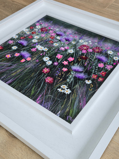 Framed artwork of a colourful field of flowers