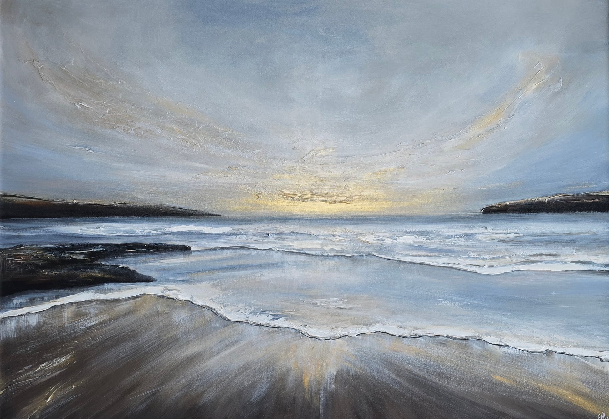 Painting of a beach scene with waves and a cloudy sky