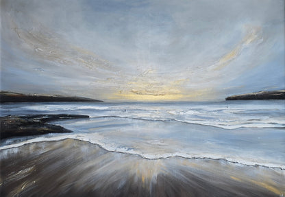 Painting of a beach scene with waves and a cloudy sky