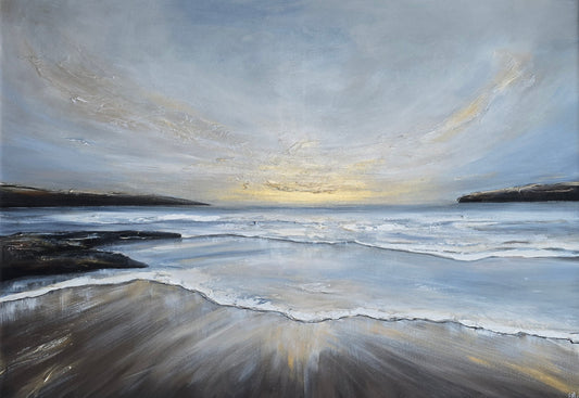 Painting of a beach scene with waves and a cloudy sky