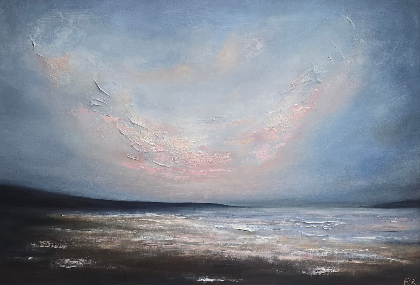 Painting of a landscape with a large, abstract cloud formation in the sky.