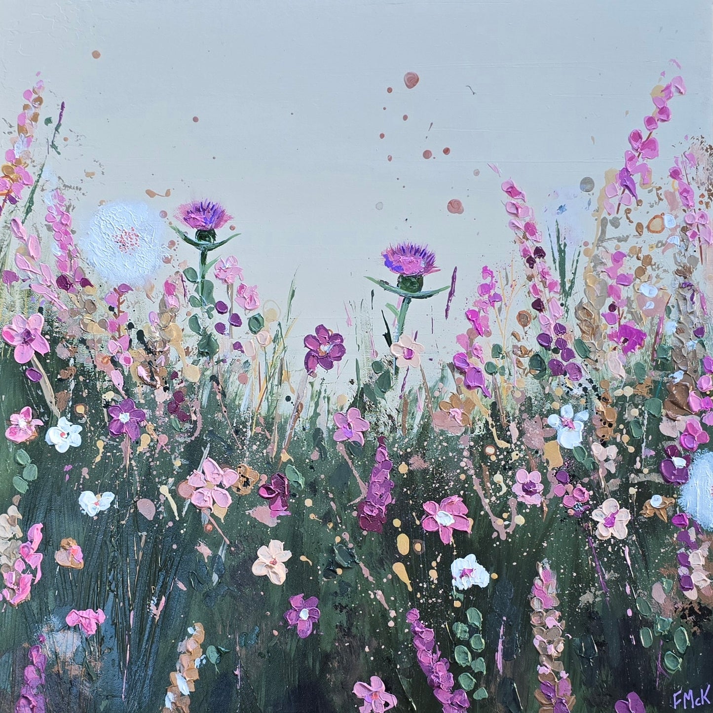 Painting of a field of flowers with a soft cream background