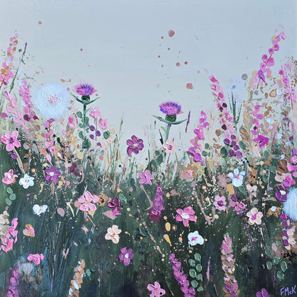 Painting of a field of flowers with a soft cream background