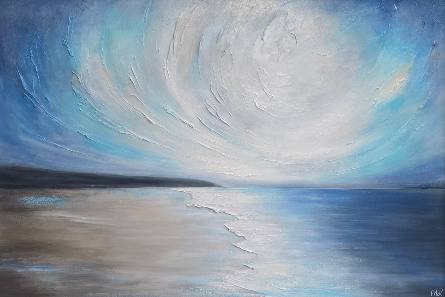 Coastal painting of a swirling sky over water