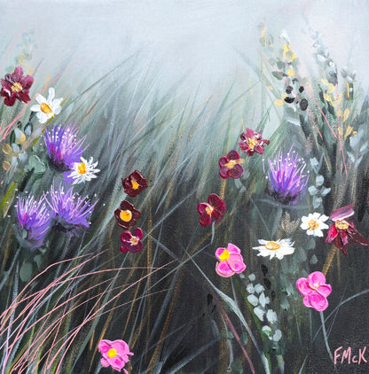 Painting of various flowers including purple, pink, and white blossoms with grasses on a light background.