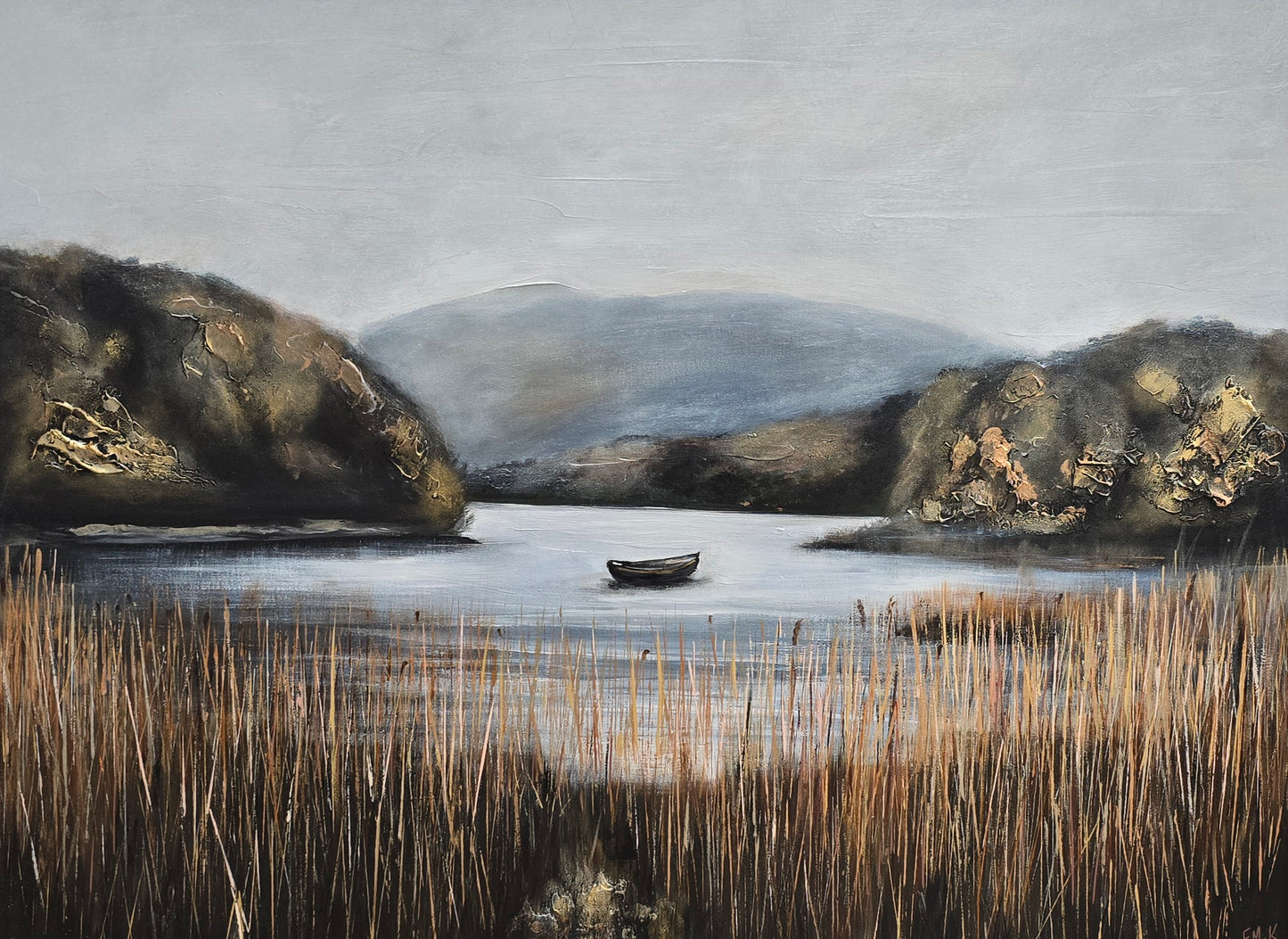 Landscape with a boat on a lake, surrounded by mountains and reeds.