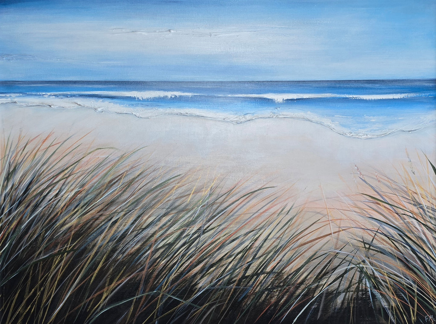 Painting of a beach scene with grass in the foreground and ocean in the background