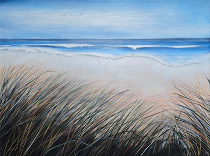 Painting of a beach scene with grass in the foreground and ocean in the background