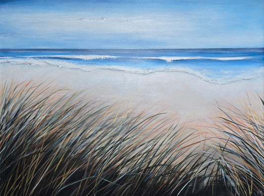 Painting of a beach scene with grass in the foreground and ocean in the background