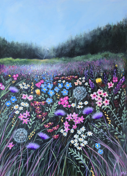 Painting of a vibrant field of wildflowers with a clear sky.