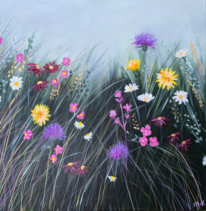 Painting of wildflowers with purple, yellow, and white flowers