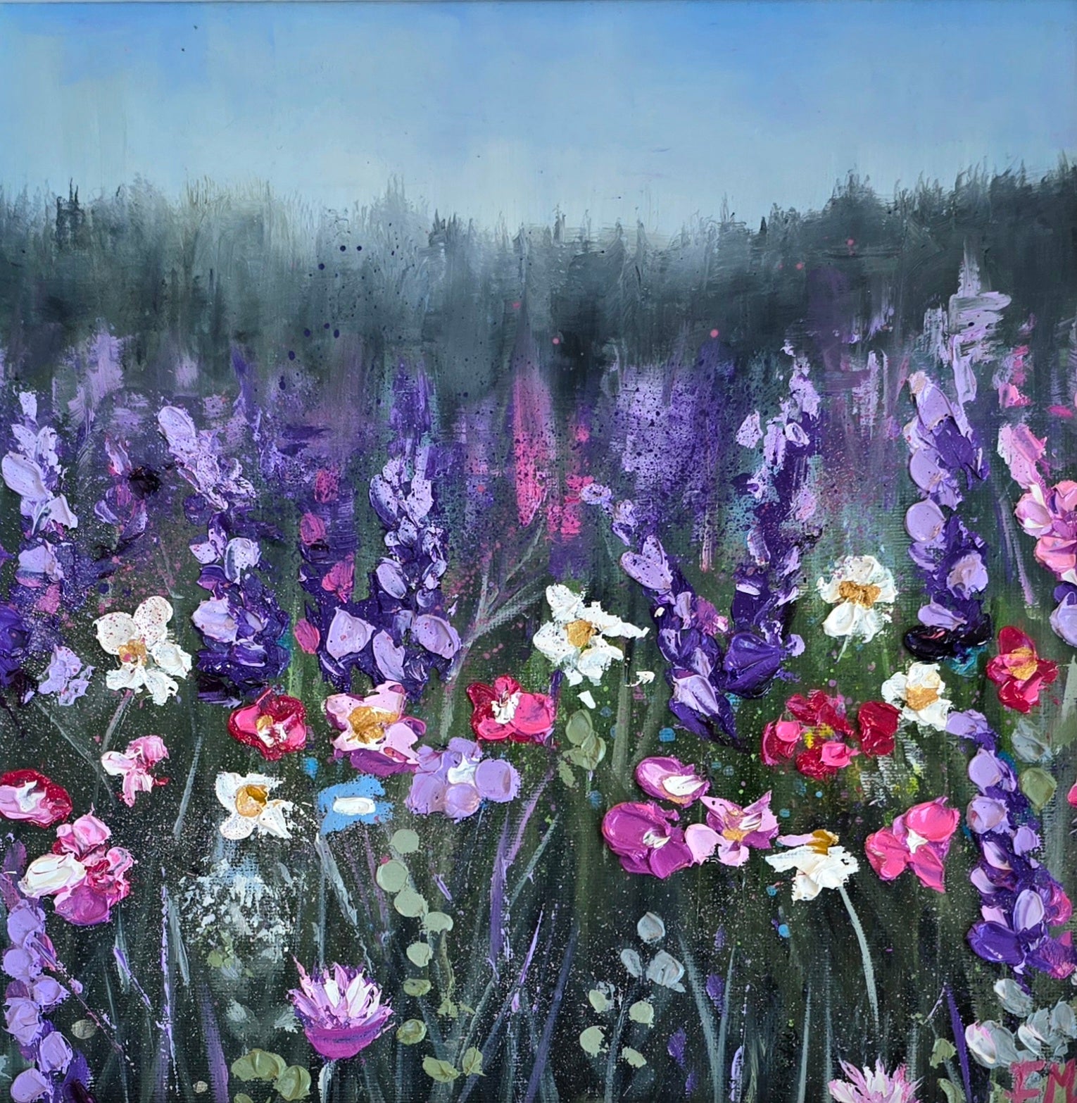 Painting of a field of colorful flowers with a blue sky.