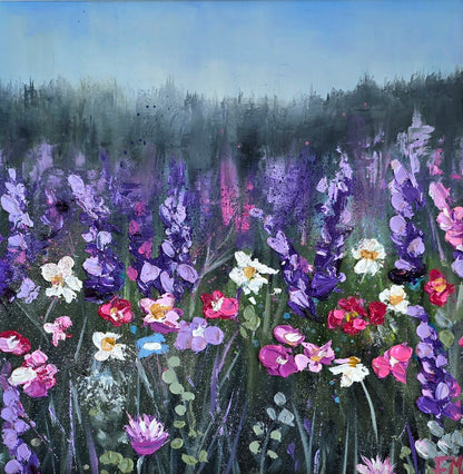 Painting of a field of colorful flowers with a blue sky.