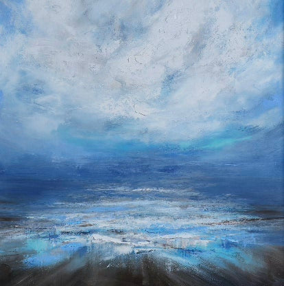 A large-scale painting depicting a serene coastal seascape with cloud-filled sky and calm waves, painted in a portrait format.