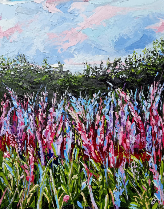 An original floral oil painting of a meadow of wildflowers. The colours in nature are just wonderful - especially a field full of wildflowers growing so effortlessly. This painting reminds me of a moment of quiet and contentment - watching the wildflowers sway to a gentle breeze.  16" x 20" (40cm x 50cm) on a slim canvas, unframed.