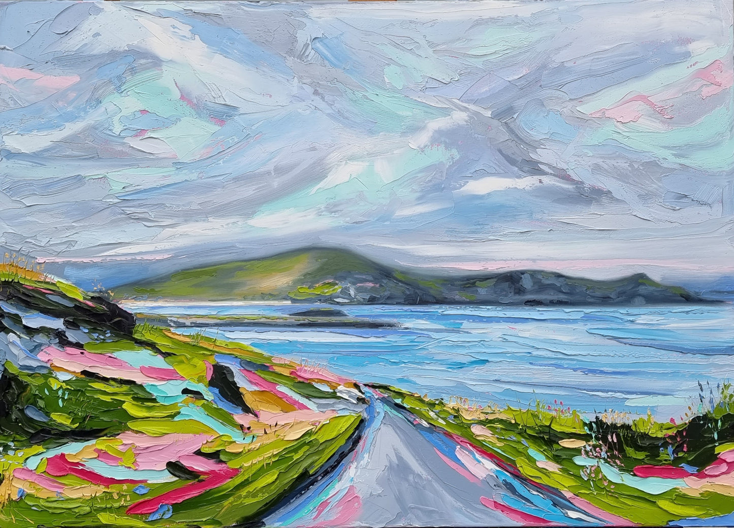 An original oil painting inspired by exploring the rugged scenery of Achill Island in Co. Mayo, on the west coast of Ireland. I've used vibrant colours in this painting to encapsulate the uplifting feelings associated with breathing in the stunning coastal views on a journey through Achill.