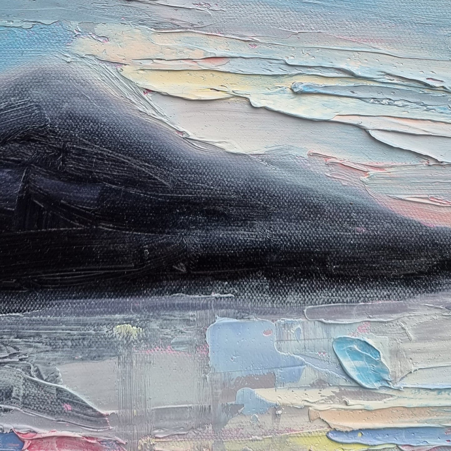 Detail of original oil painting capturing Croagh Patrick from Westport in Co. Mayo. Vibrant colours full of positivity and hope by Irish artist Fiona McKenna.