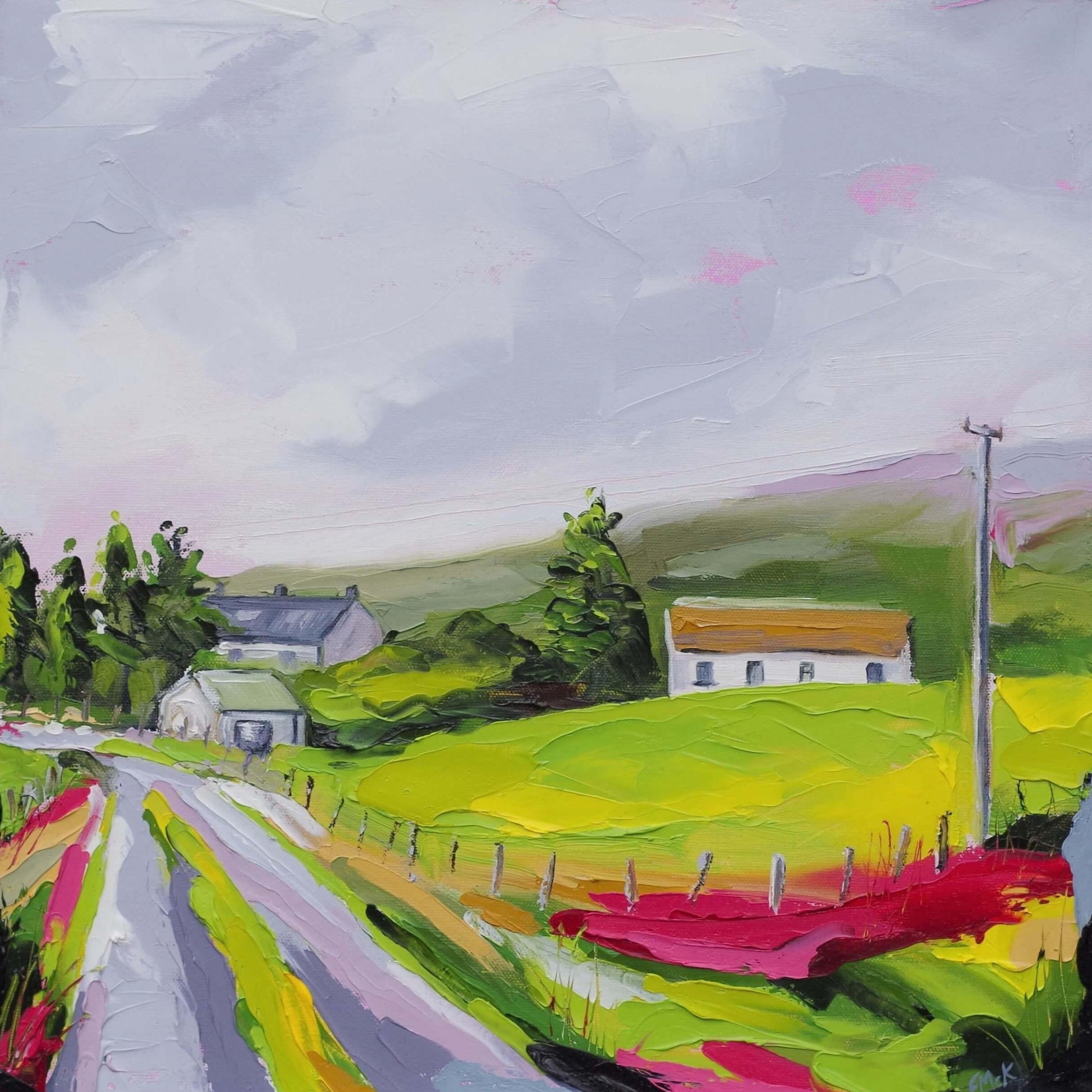 Fiona McKenna Irish Art. An original oil painting inspired by the haunting beauty of the Donegal countryside, Ireland. I always feel like I have been transported back in time when I visit Donegal - the bright colours celebrating memories made here.  16" x 16" (40cm x 40cm) on a deep edge canvas, unframed.