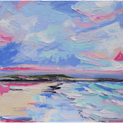 An original oil painting of the idyllic Aillebrack beach on the Atlantic coast in Connemara, Co. Galway. When I look at this painting I can feel the fresh, salty sea air on my face. The reflections of the clouds and sky are mirrored in the ripples on the sand.  16" x 16" (40cm x 40cm) on a slim canvas, unframed.