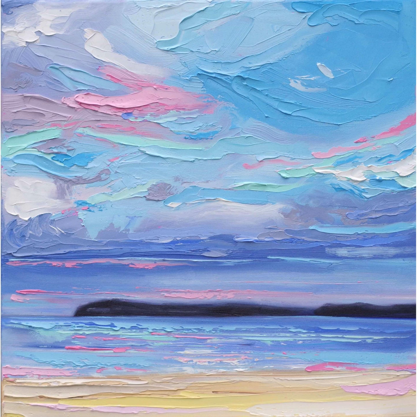 Fiona McKenna Irish Art. An original oil painting inspired by a view from Duncannon, Co. Wexford, Ireland. Painted with thick oil paints using a palette knife and showing dramatic, sweeping clouds above the calm waves.  12" x 12" (30cm x 30cm) on a slim canvas, unframed.