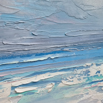 An original oil painting depicting the misty ocean waves tumbling against the rocks along the Irish coast. 