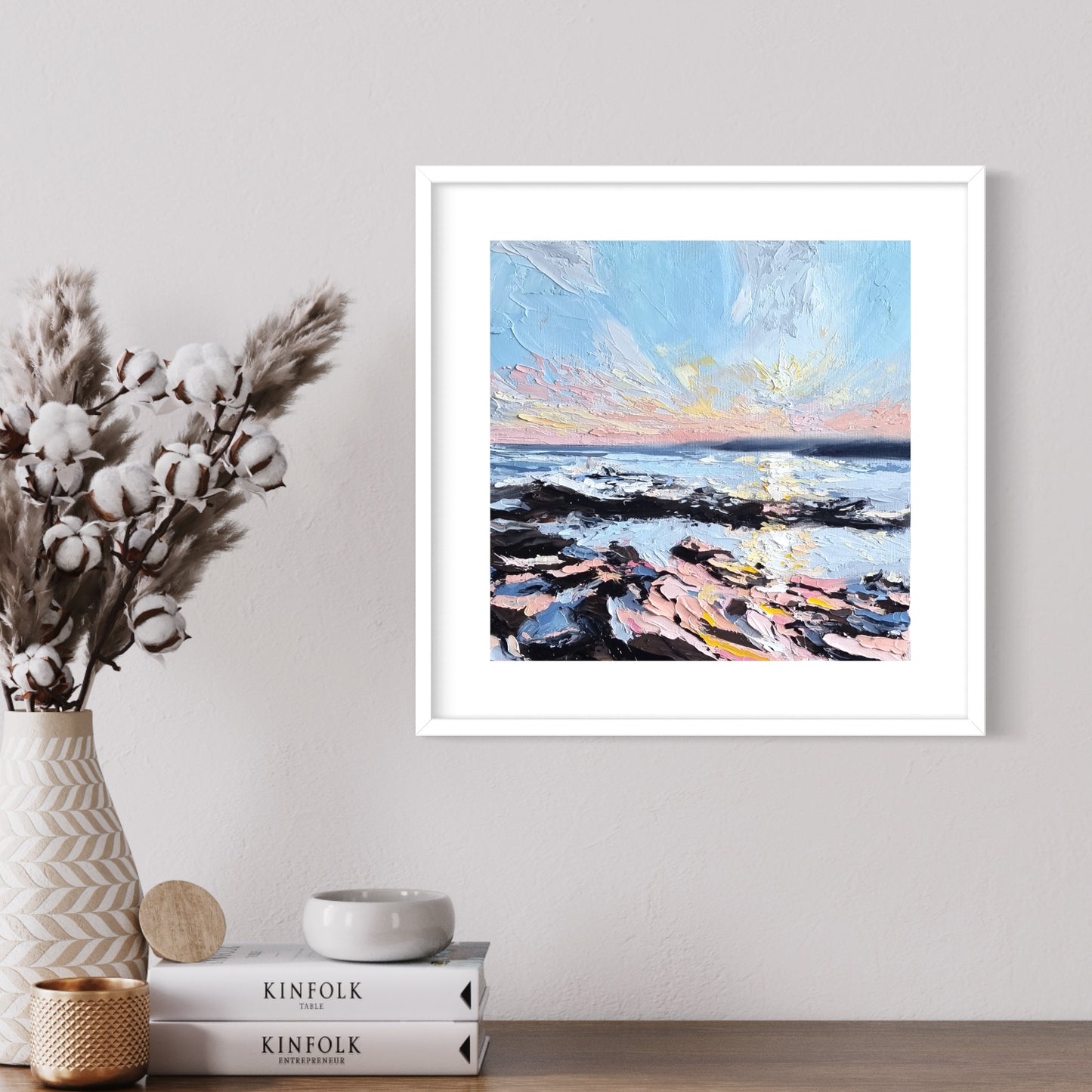An original oil painting capturing the colours of a sunset sky along the coast