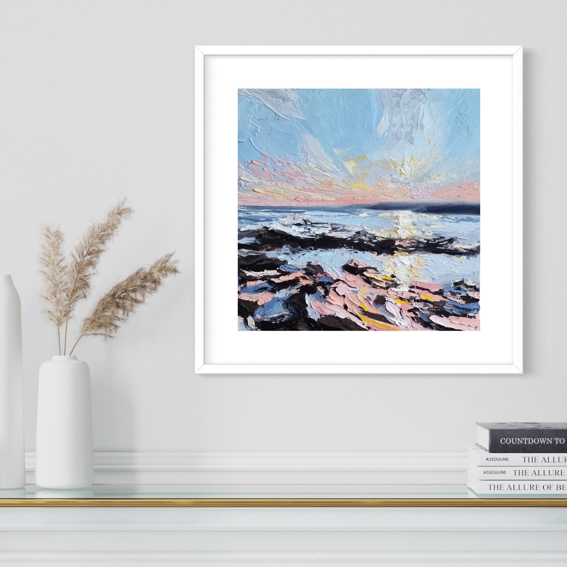 An original oil painting capturing the colours of a sunset sky along the Irish coast