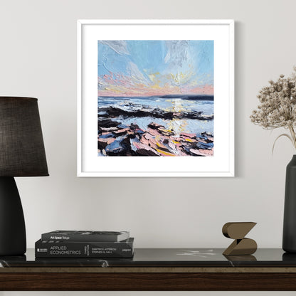 An original oil painting capturing the colours of a sunset sky along the Irish coast.