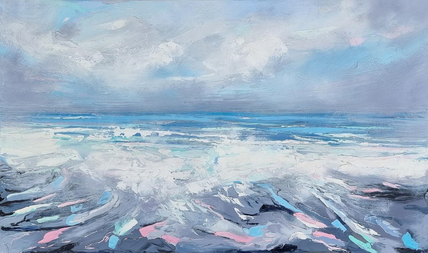 An original oil painting depicting the misty ocean waves tumbling against the rocks along the Irish coast. 