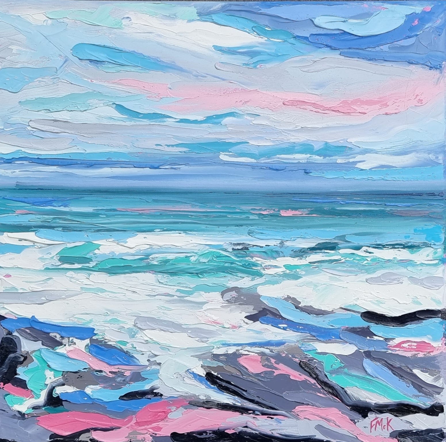 An original oil painting inspired by the south-east coast of Ireland, on the Hook Peninsula in Co. Wexford. This painting encapsulates spending time with the wind on your face and hearing the waves crashing against the rocks. A place where anything is possible - definitely good for the soul.  12" x 12" (30cm x 30cm) on a slim canvas, unframed.